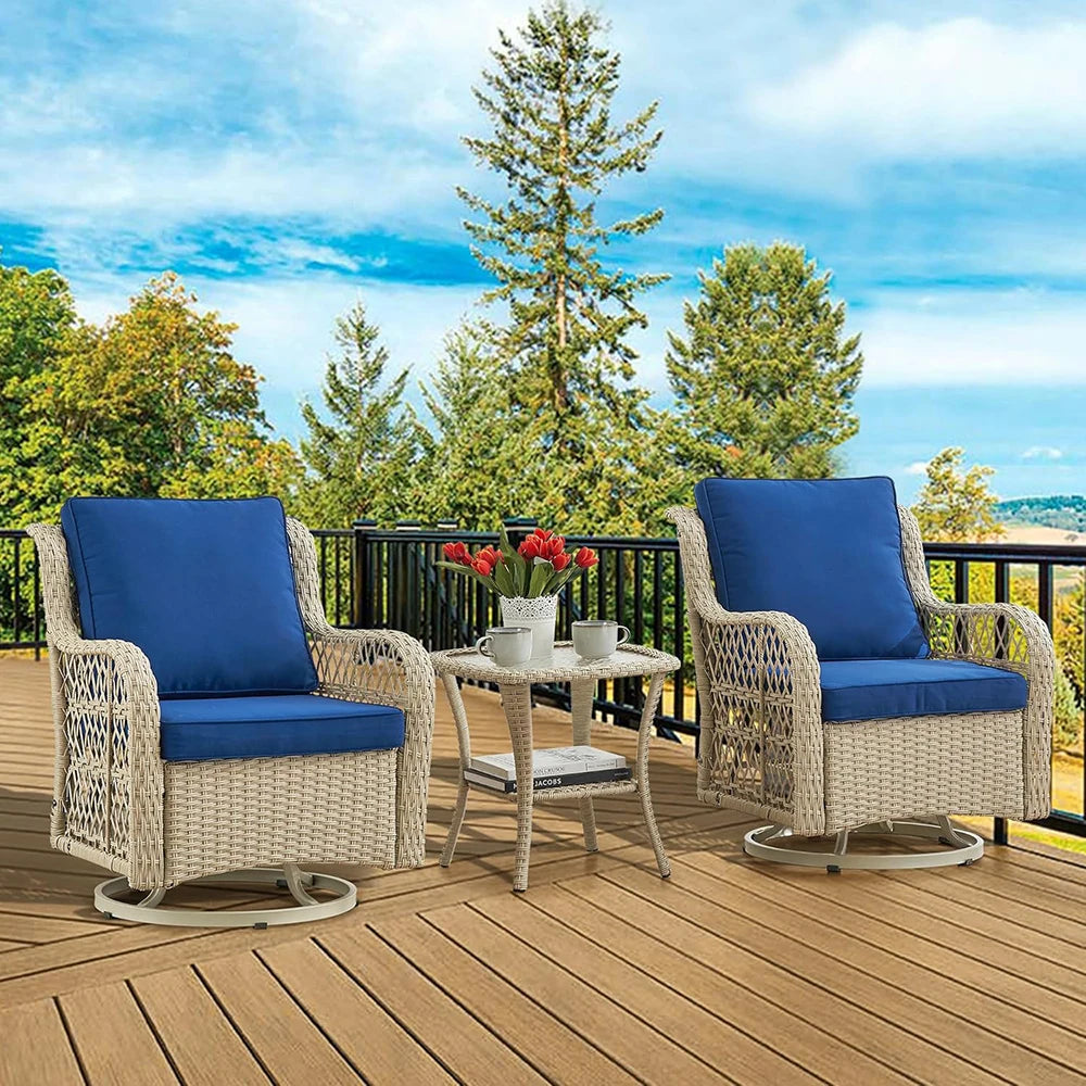 HiMISS 3-Piece Wicker Swivel Rocking Patio Set With Glass Table