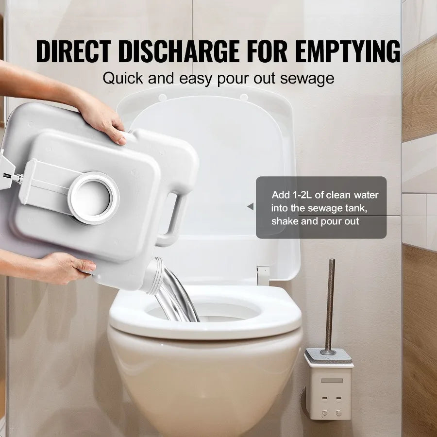 Portable camping toilet, white plastic with carry handle and 3.2 gal waste tank, being emptied.