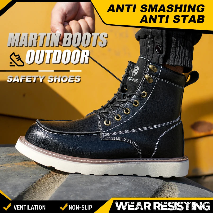 Two layer cowhide men's anti-smash anti-puncture high top work safety shoes