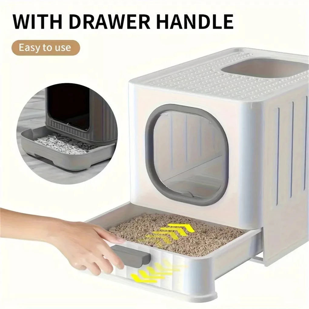 Leak-Proof Enclosed Cat Litter Box With Drawer Scoop Lid