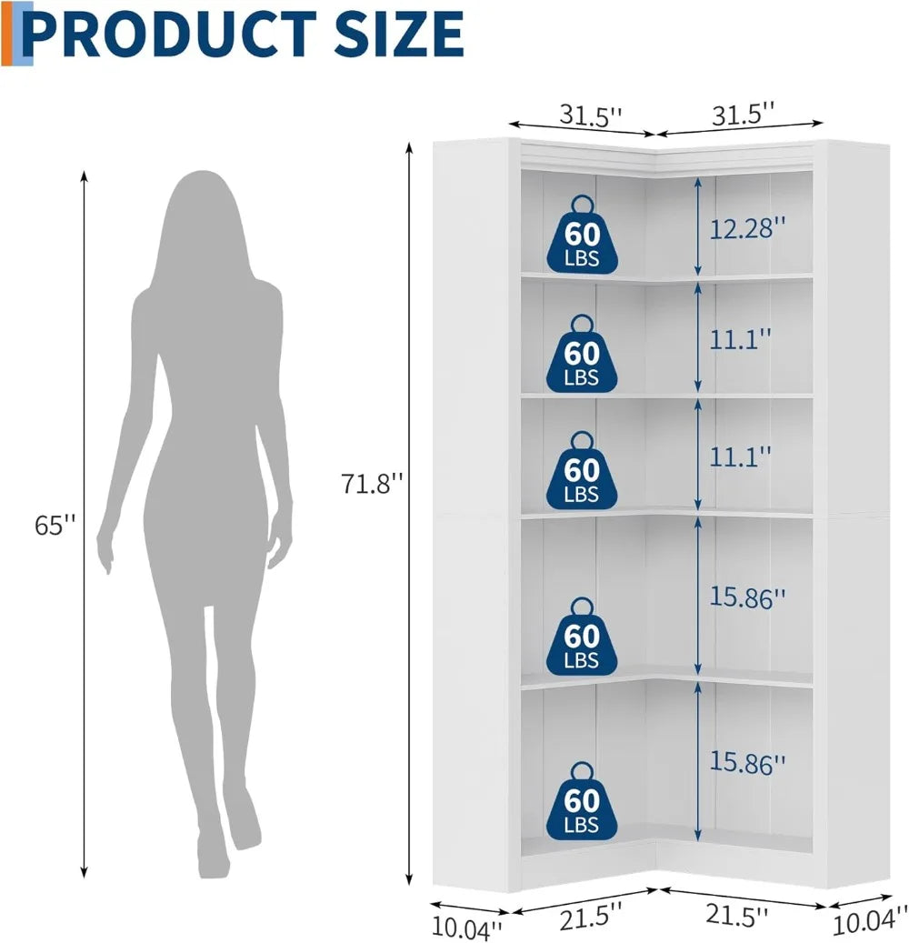 Corner L Shaped Bookcase With 5 Tier Display Shelf by S And B Enterprise