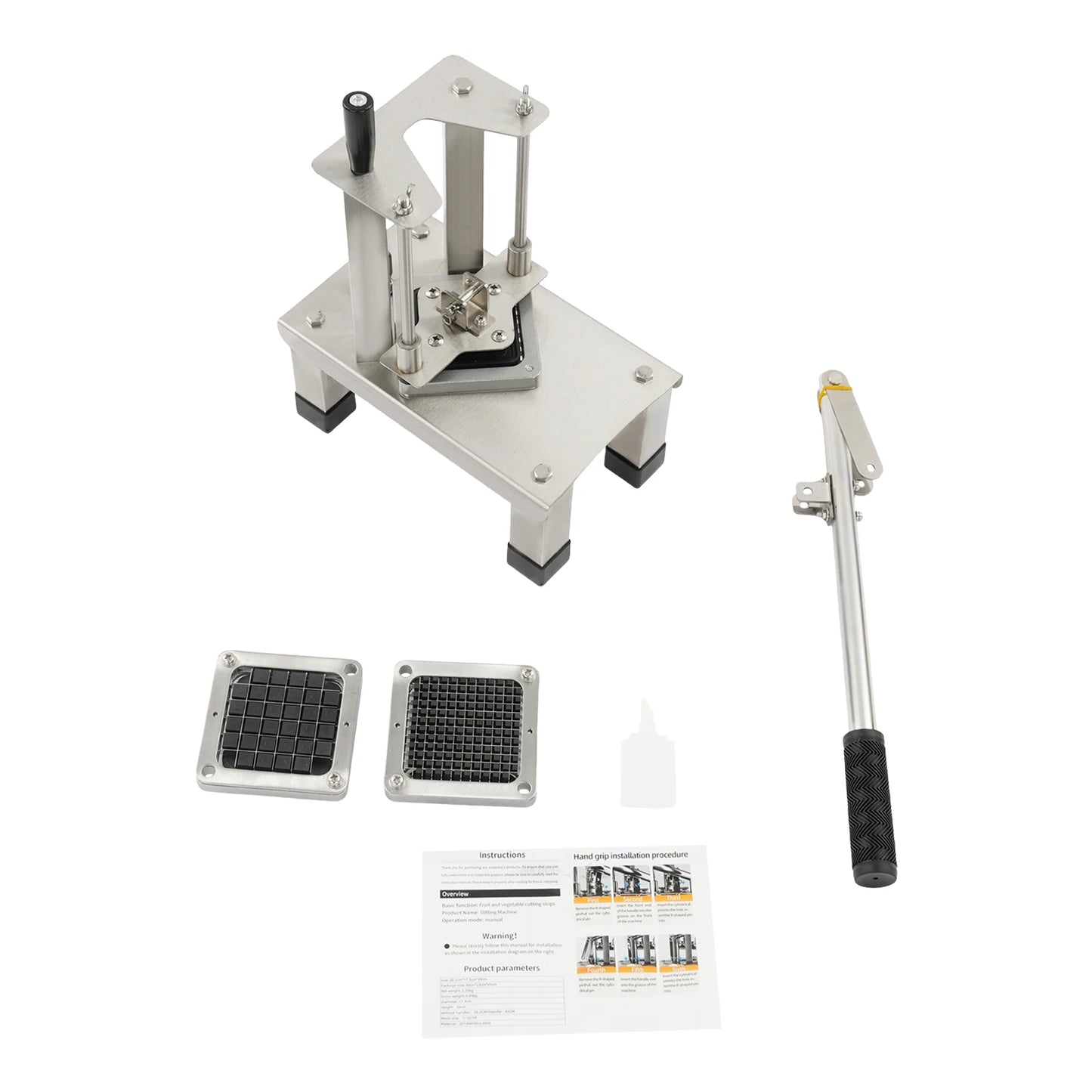 French Fry Cutter by S And B Enterprise with 1/4, 3/8, 1/2 in stainless blades; manual potato and vegetable chopper