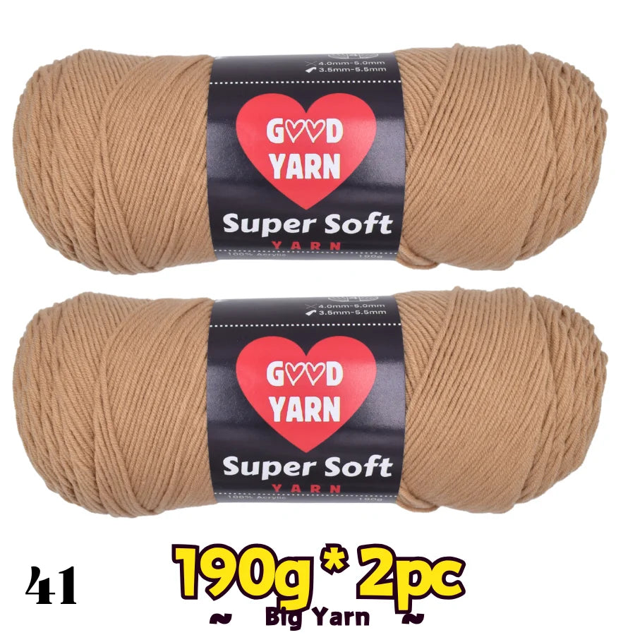 Two skeins of 400g Good Yarn Super Soft velvet yarn in camel beige.