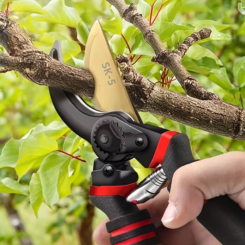 Professional carbon-steel pruning shears with SK-5 blade, red/black ergonomic handles for home garden trimming.