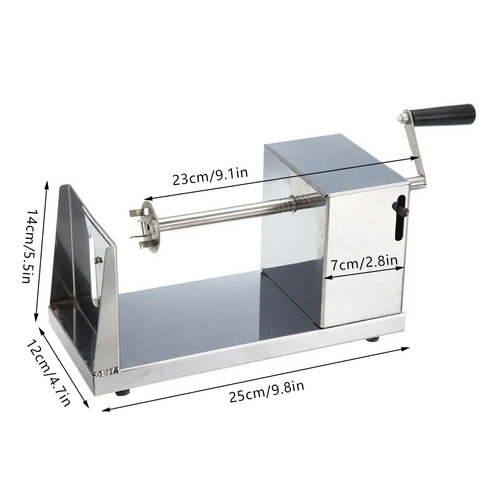 Potato spiral slicer, stainless steel hand-crank chips maker for fruits and vegetables.