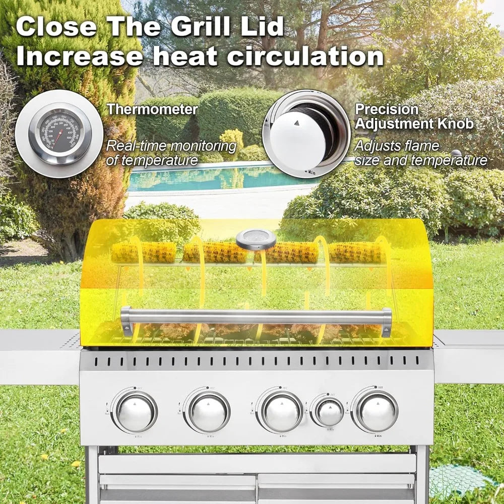 Stainless Steel 4 Burner Propane Gas Grill Cast Iron Grates