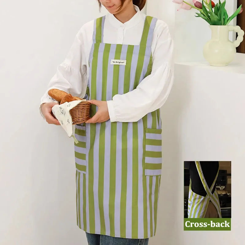 S And B Enterprise cross-back women's kitchen apron, waterproof green-gray striped polyester-cotton with pocket