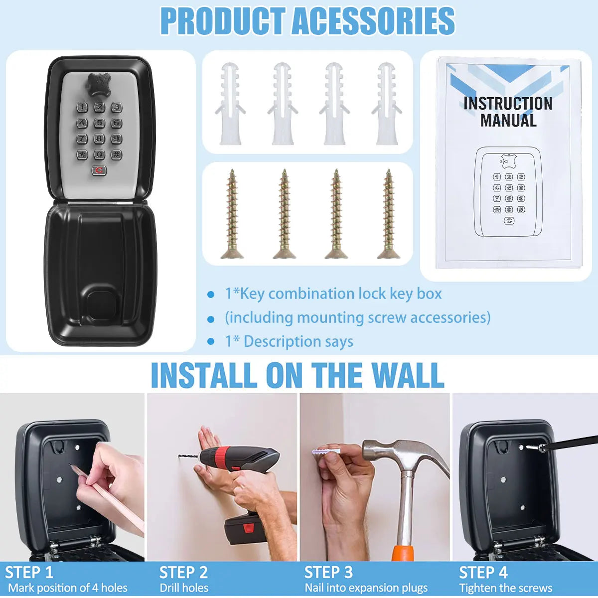 Key lock box wall-mount keypad by S And B Enterprise; includes mounting screws, wall anchors, and instruction manual