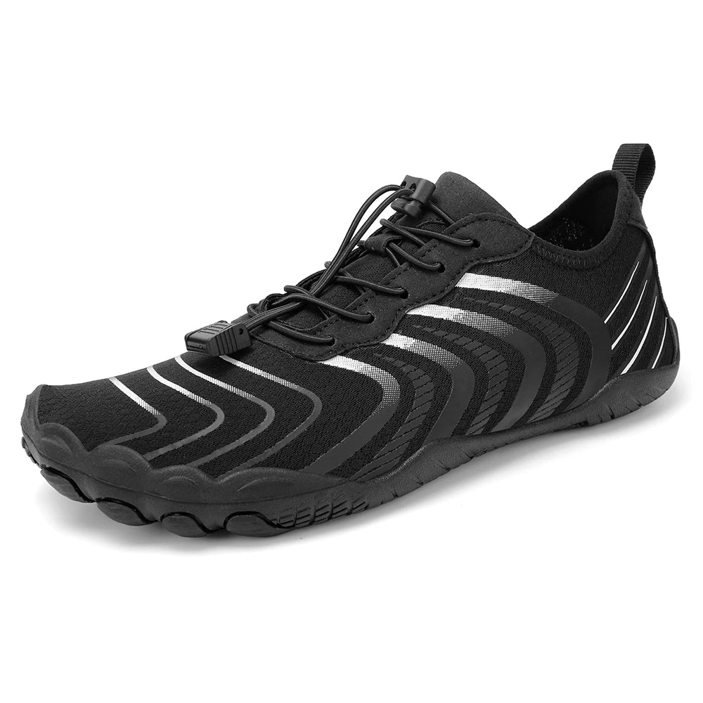 Men's black water shoes with quick-dry mesh upper and wavy stripe pattern