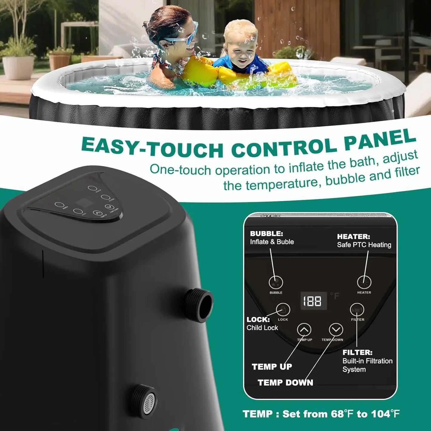 Inflatable Hot Tub With 100 Bubble Jets Portable Spa