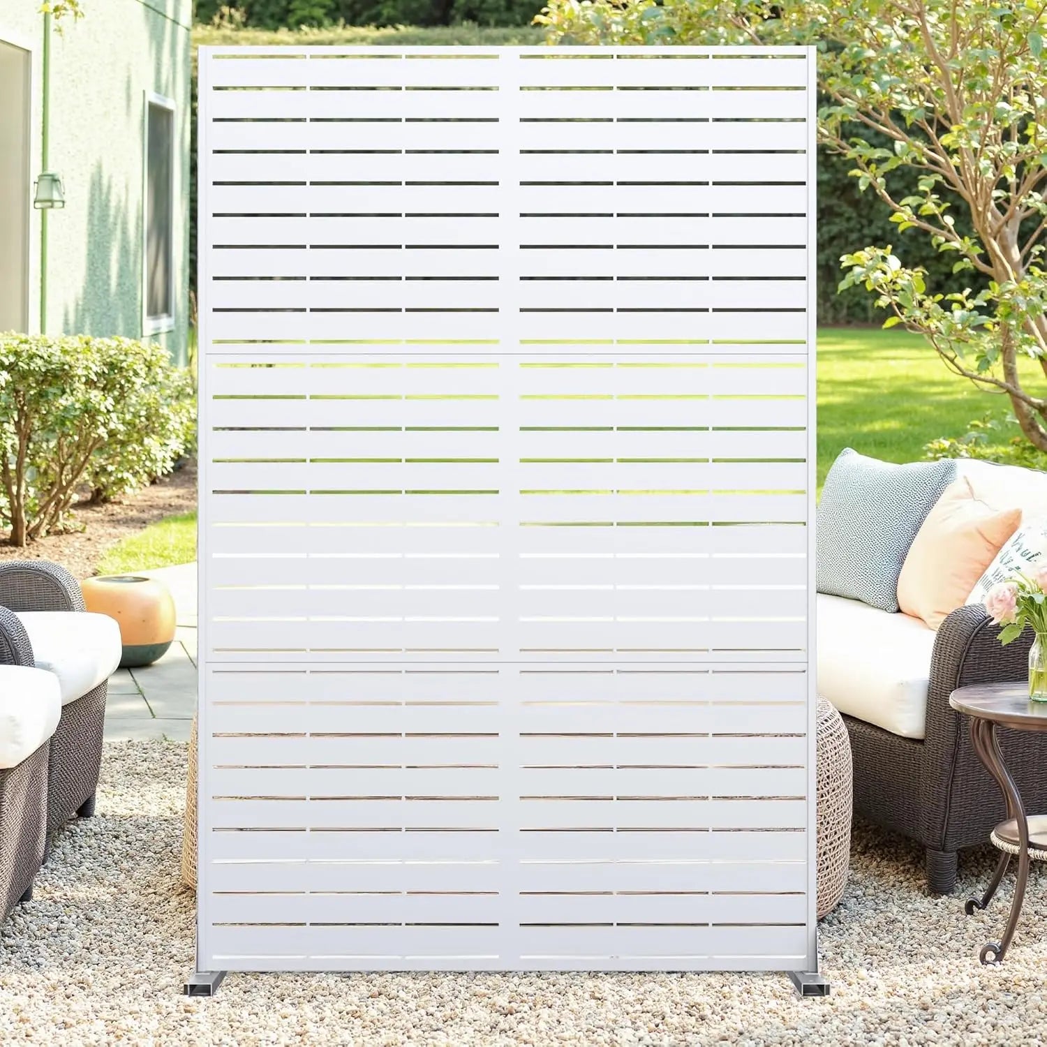S And B Enterprise decorative garden privacy screen with stand; white slatted outdoor divider for backyard patio.