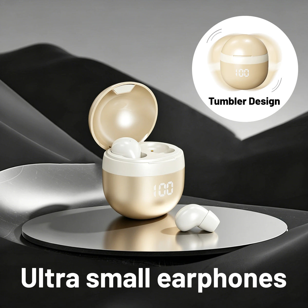S And B Enterprise small wireless Bluetooth earphones in a tumbler-style gold charging case with white earbuds