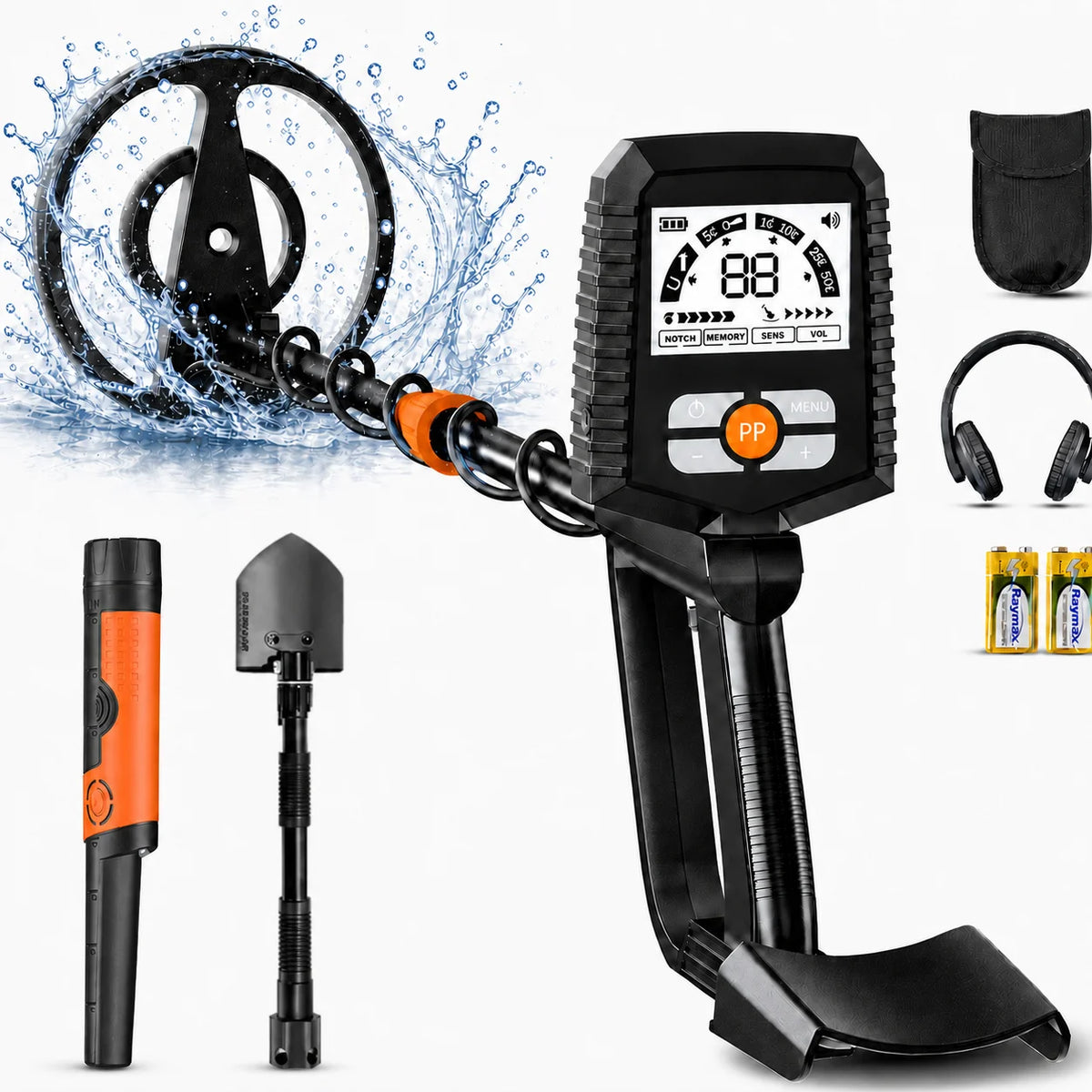 SUNPOW metal detector kit with pinpointer and 8-inch IP68 waterproof coil, LCD display, by S And B Enterprise