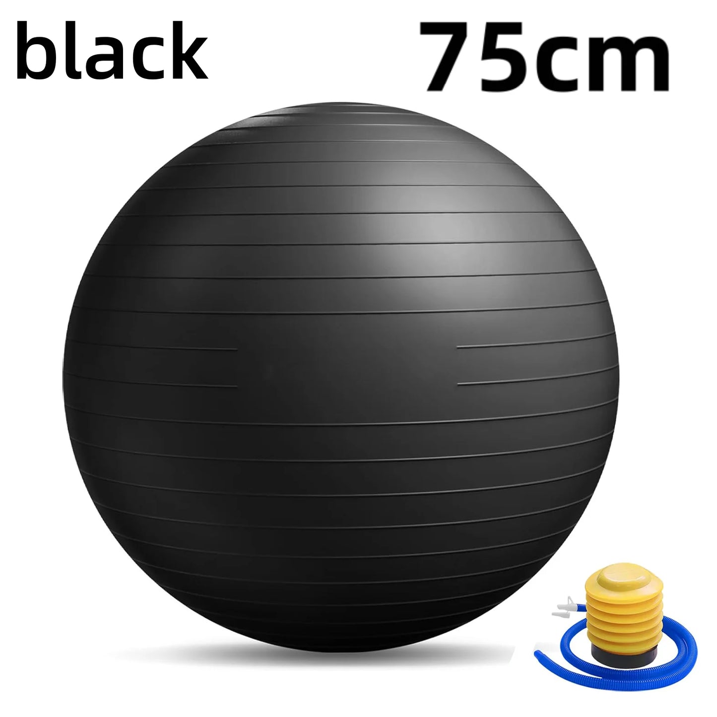 Black 75cm explosion-proof inflatable yoga ball with yellow hand pump and blue hose by S And B Enterprise