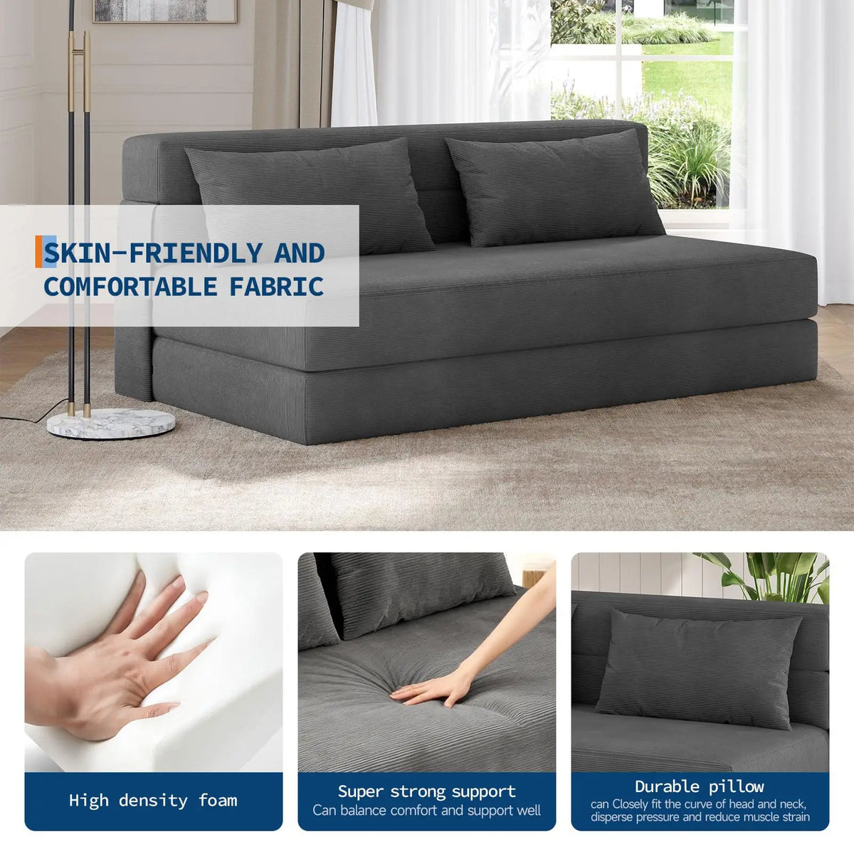 4-in-1 folding sofa bed in dark gray corduroy with pillows, space-saving sleeper by S And B Enterprise