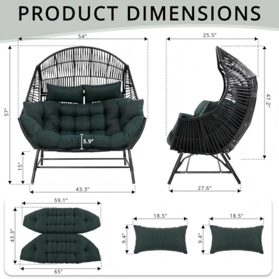 2 Person Egg Chair Indoor Outdoor Steel Frame Cushioned Headrests