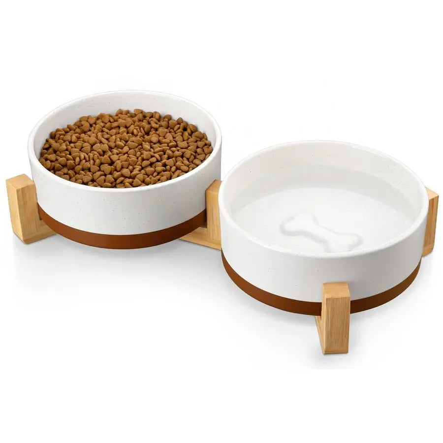 Ceramic Dog Bowls Set With Wood Stand Non Slip Base
