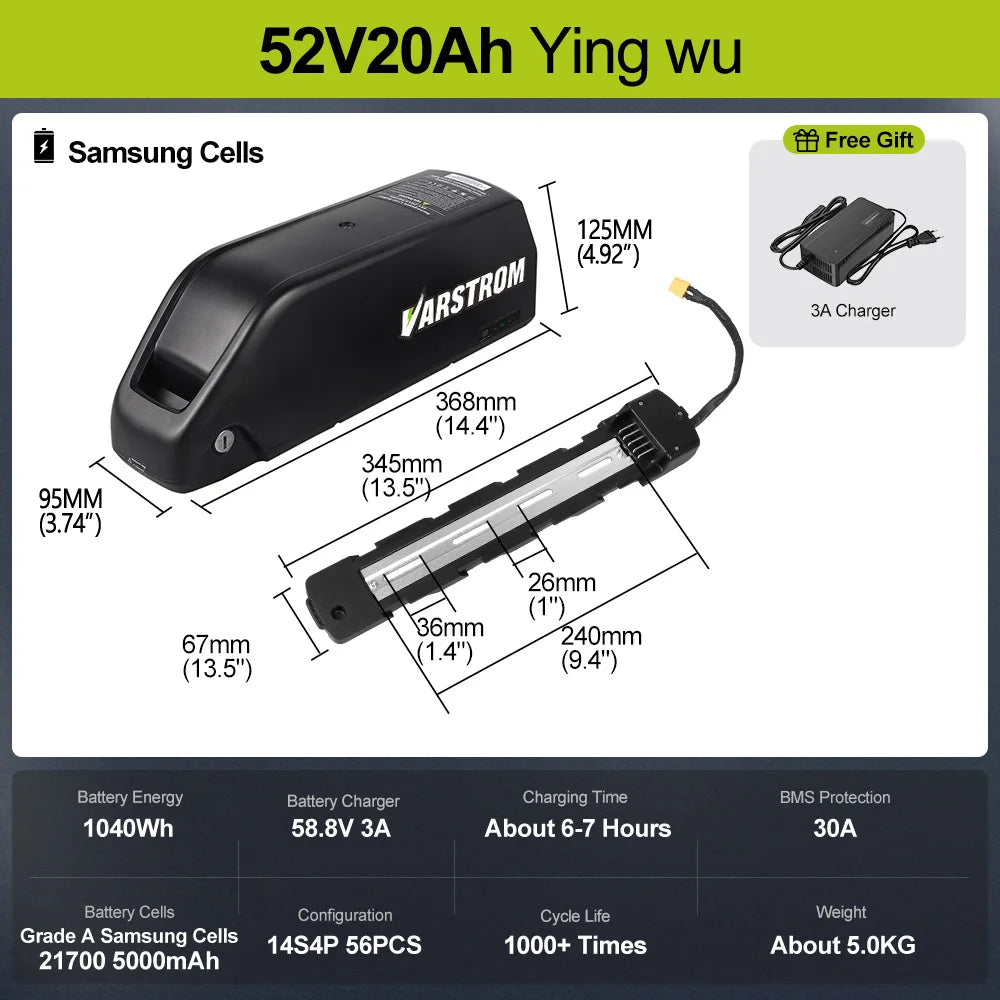 US Direct Hailong Battery Pack 48V 40A BMS Downtube 21700