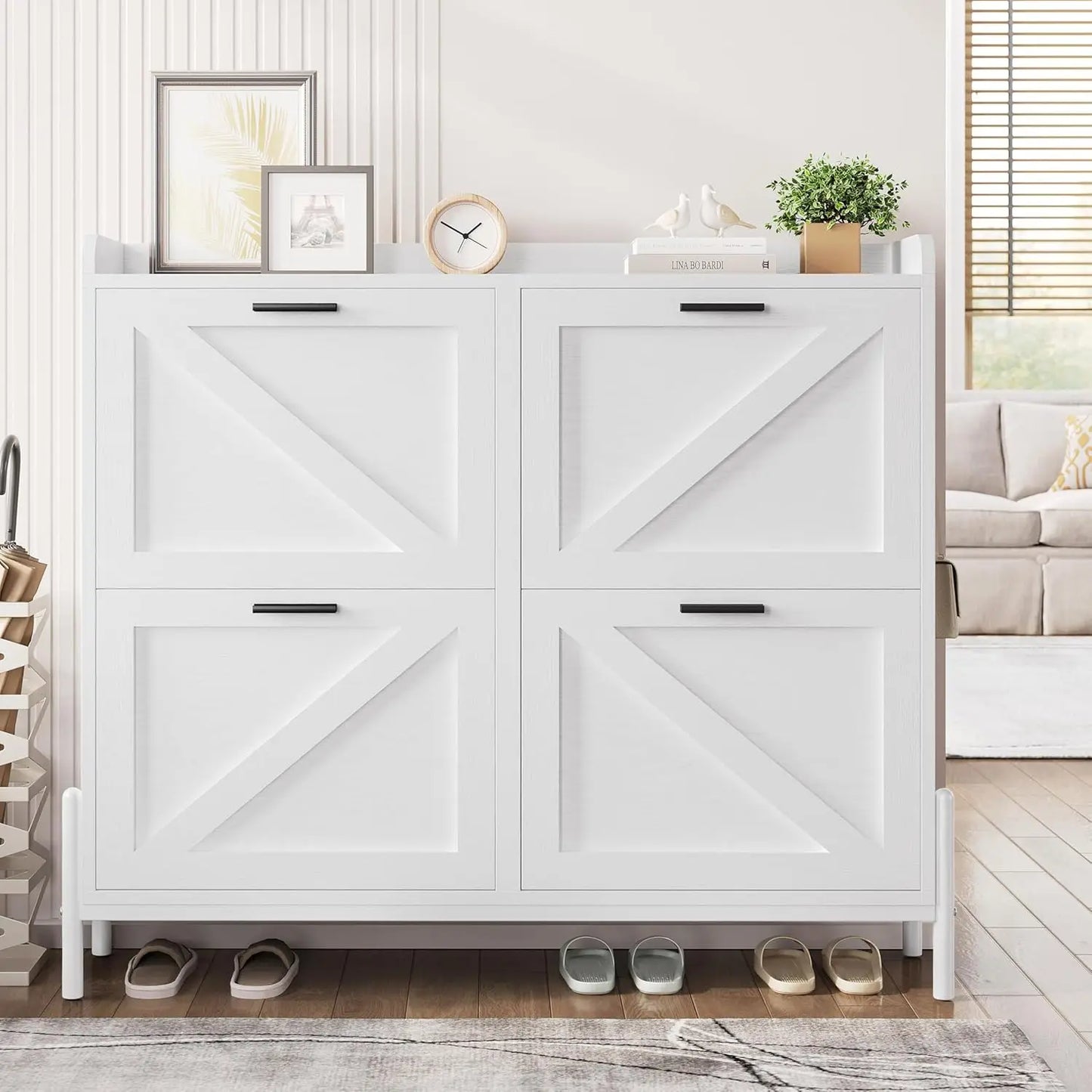 Farmhouse Shoe Storage Cabinet With Four Flip Drawers