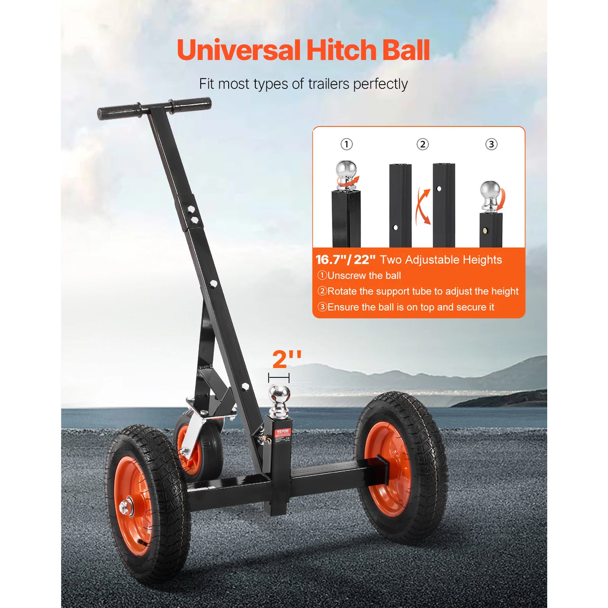 S And B Enterprise trailer dolly with a carbon steel frame and orange wheels; height adjustable 16.7–22 in for moving cargo.