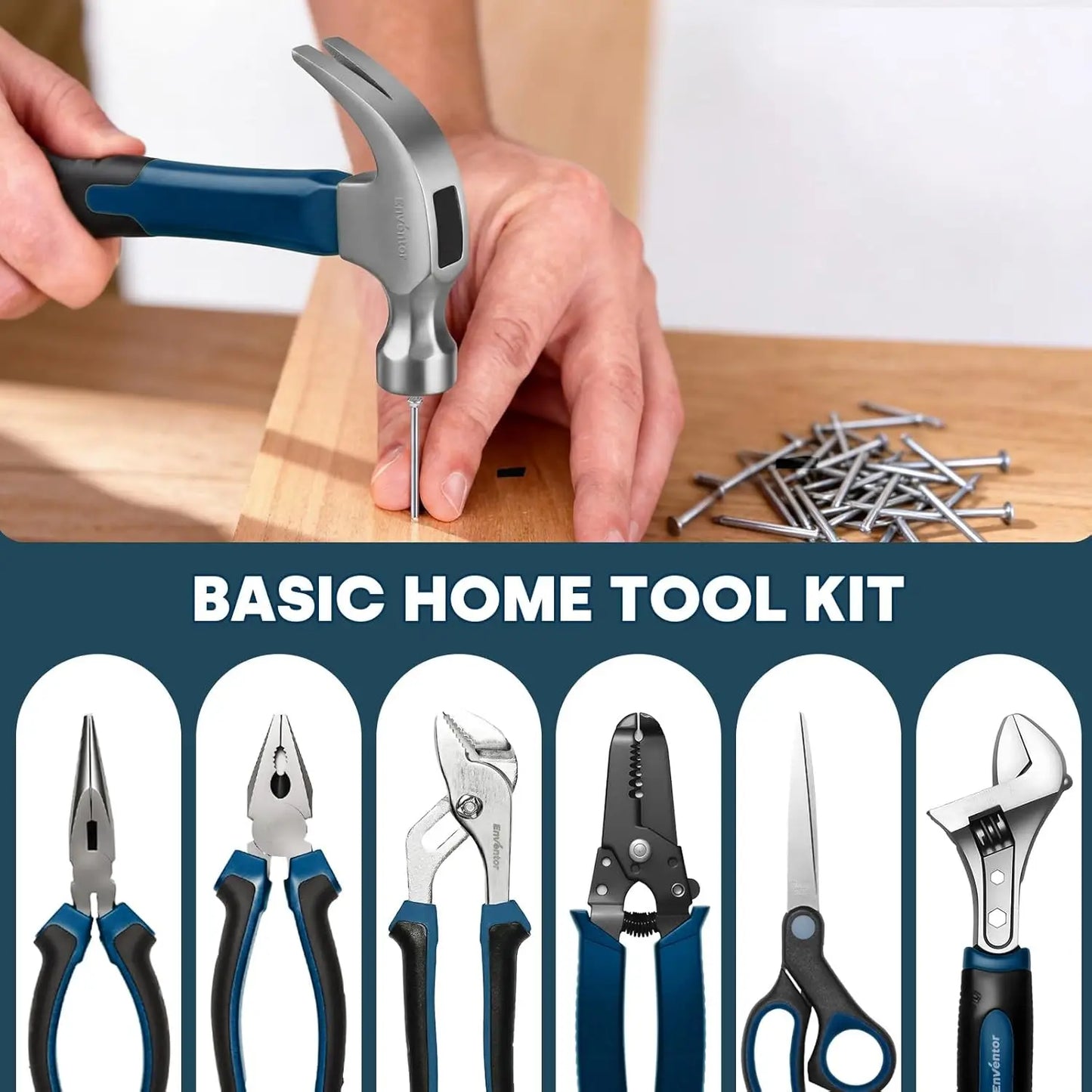 Enventor 220-piece home tool kit with blue-handled hammer and nails; basic tools banner with pliers