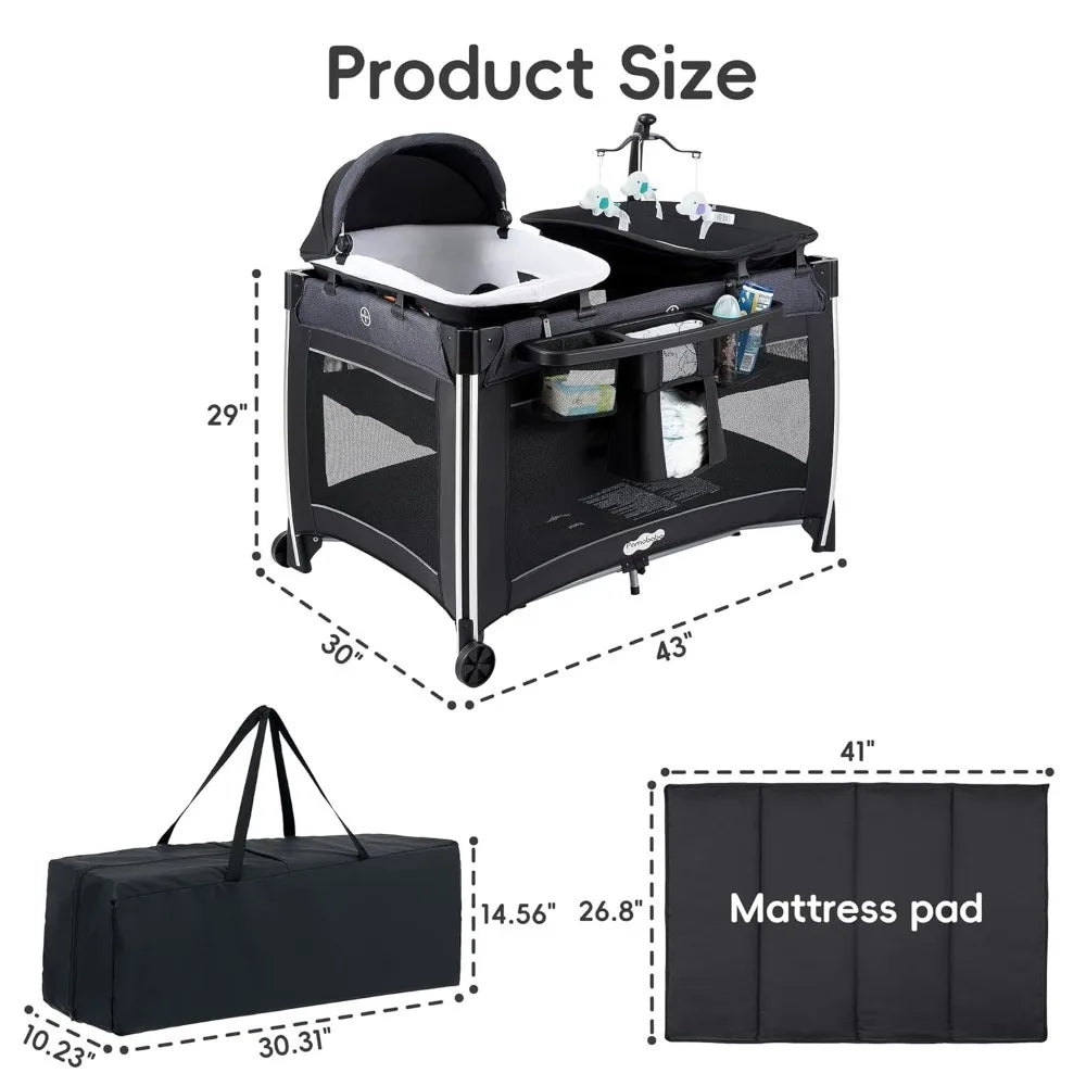 4-in-1 baby playpen with bassinet and changing station, black with breathable mesh sides and wheels
