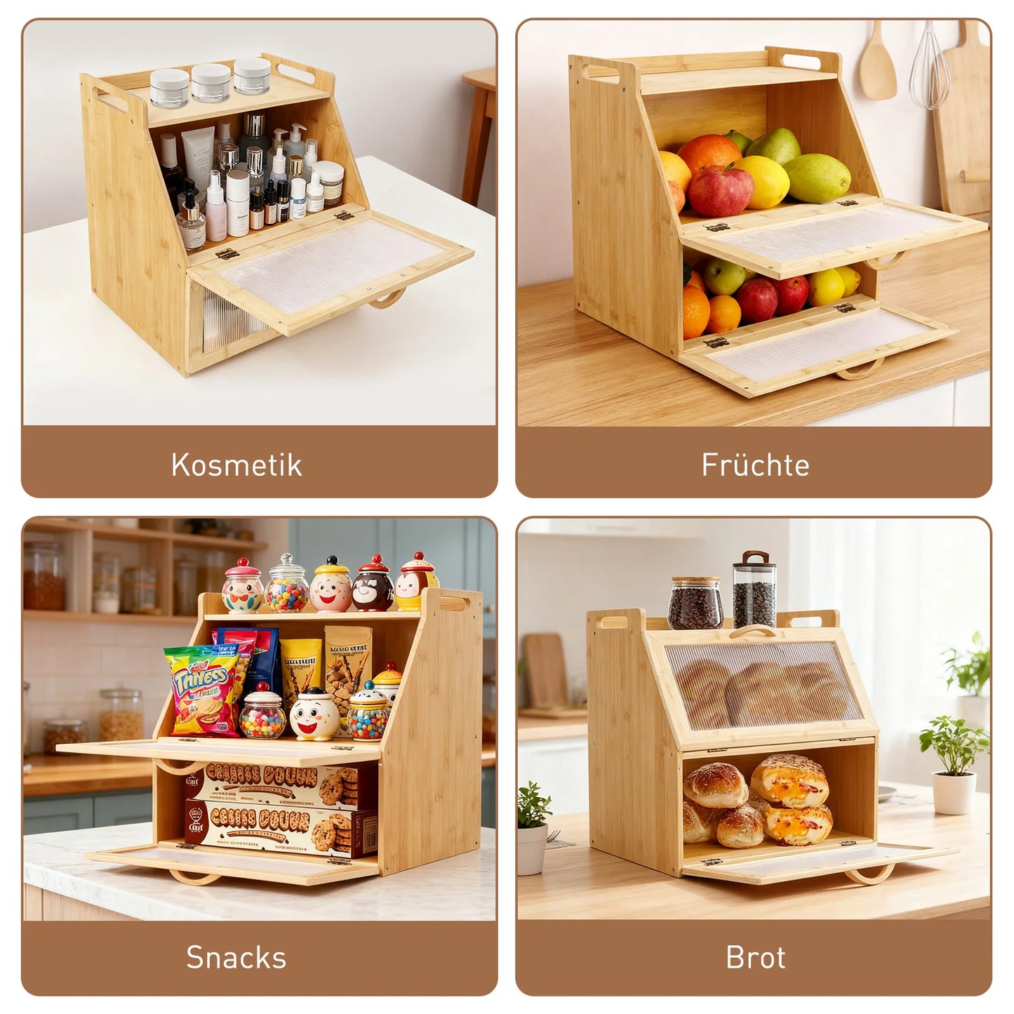 Double-layer wooden bread storage box by S And B Enterprise; farmhouse-style countertop bread keeper in natural wood