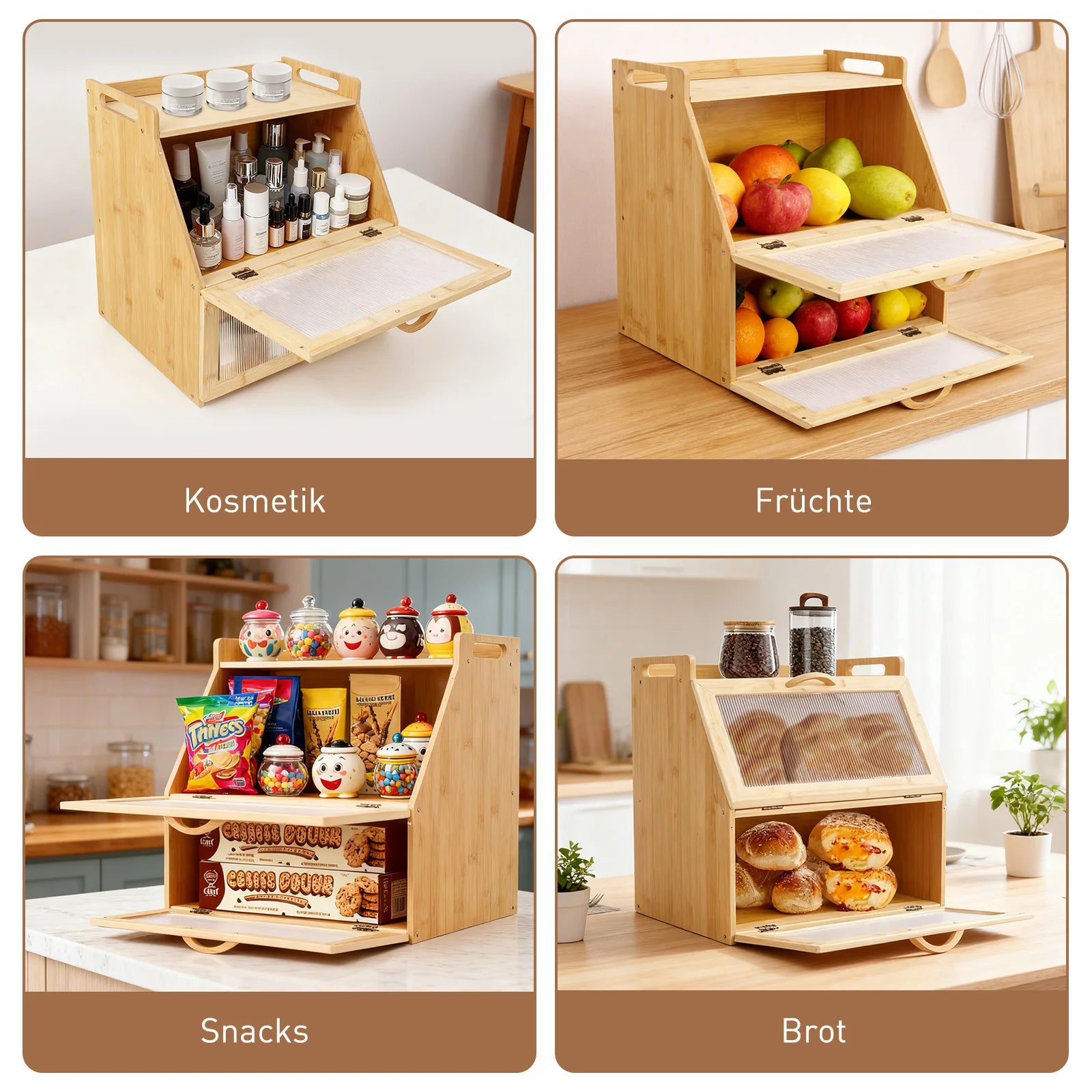 Double-layer wooden bread storage box by S And B Enterprise; farmhouse-style countertop bread keeper in natural wood