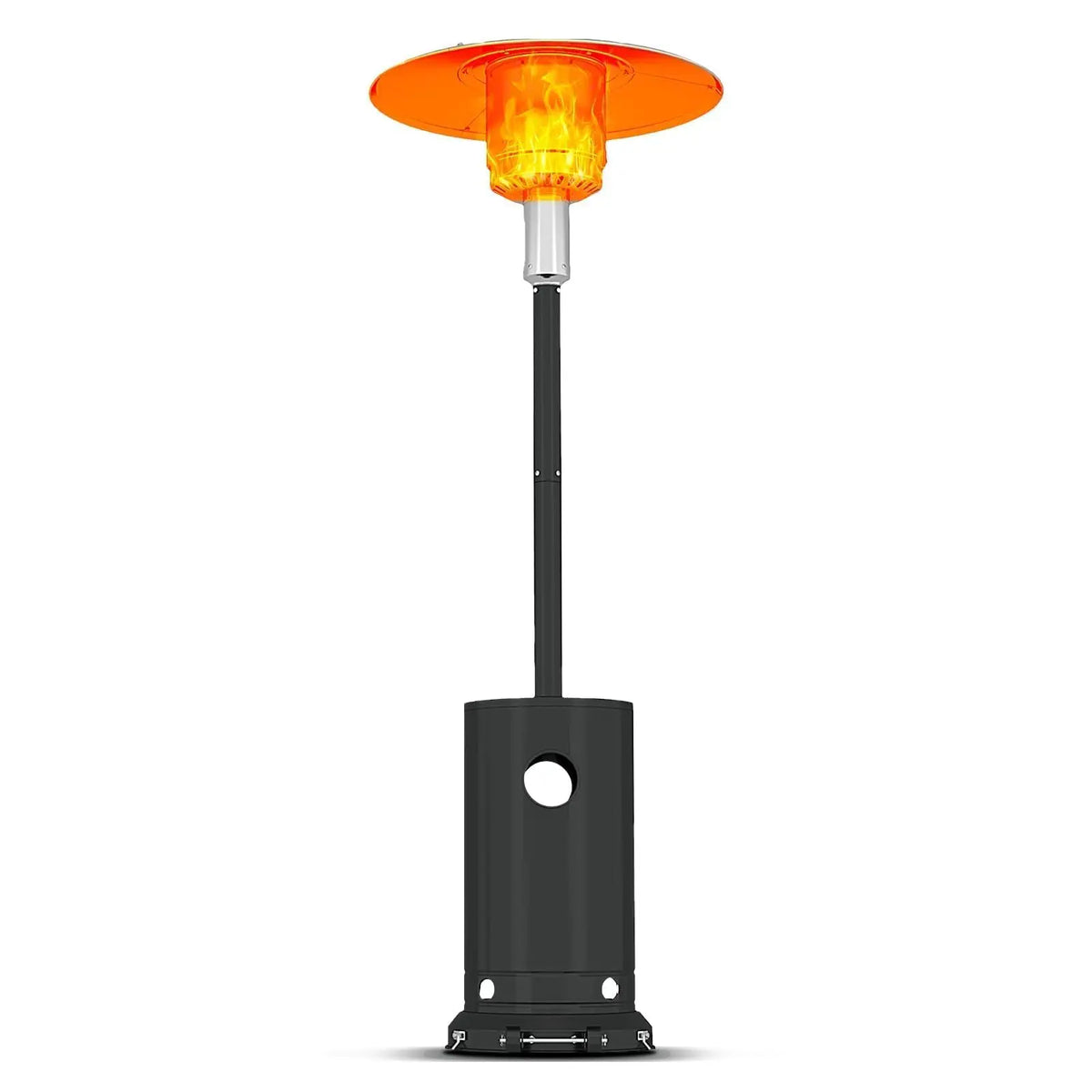 Propane patio heater, tall black outdoor unit with orange reflector and visible flame