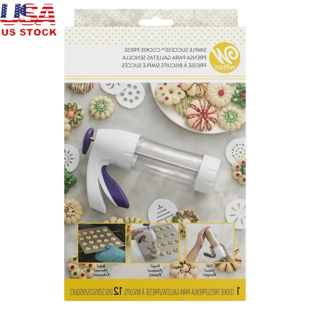 Ergonomic cookie press 13-piece set with clear barrel and soft-touch trigger by Wilton