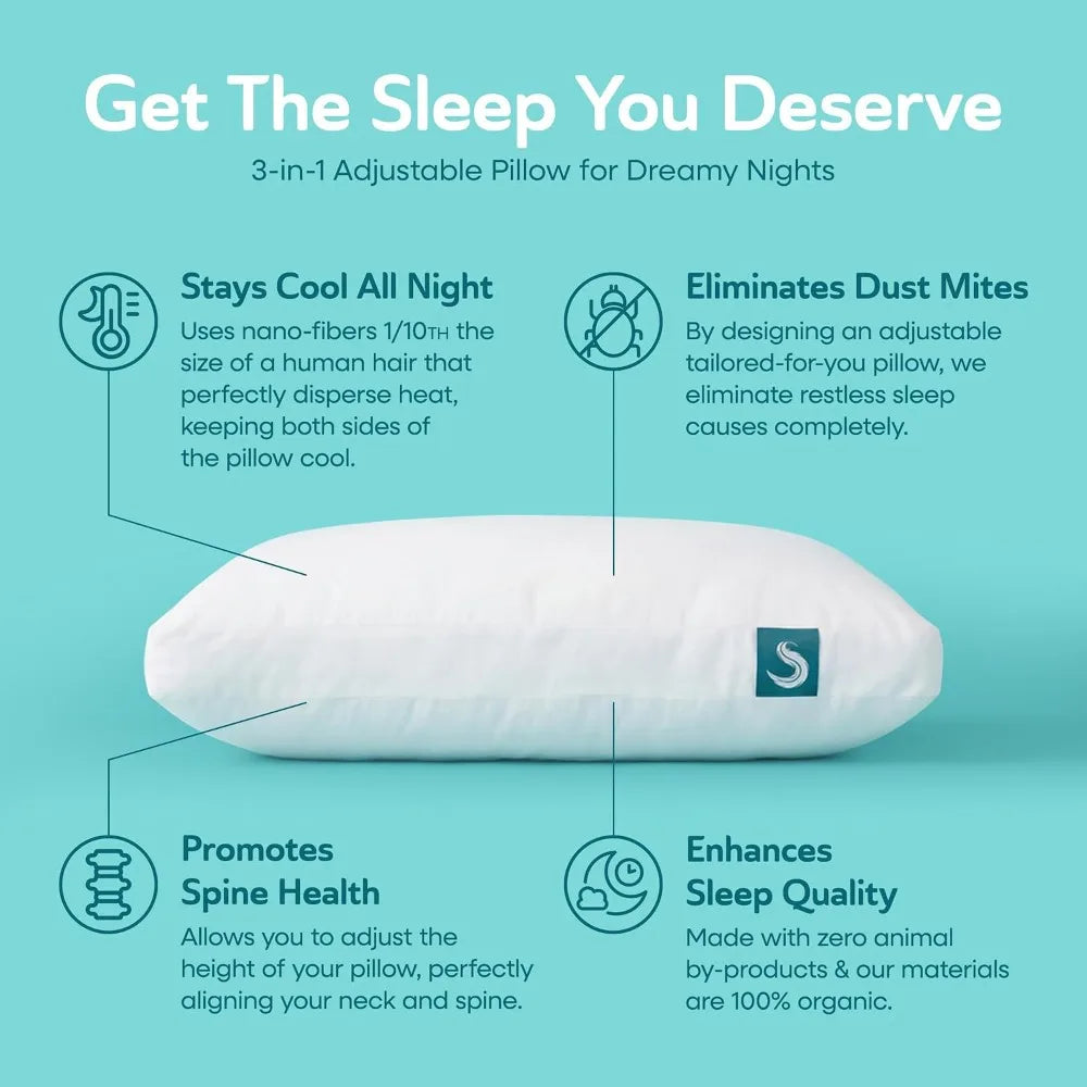 Cooling Bed Pillows 2-Pack Queen Size Adjustable Washable, by S And B Enterprise; white pillows with logo patch.