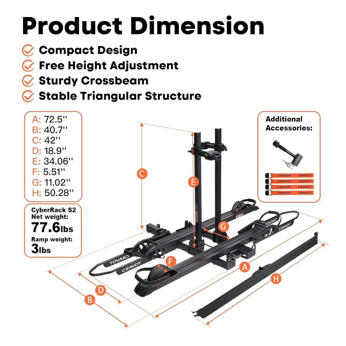 CyberRack S2 Ebike Rack by S And B Enterprise; foldable tow-hitch carrier for 2 bikes, 300 lb capacity, diagram.