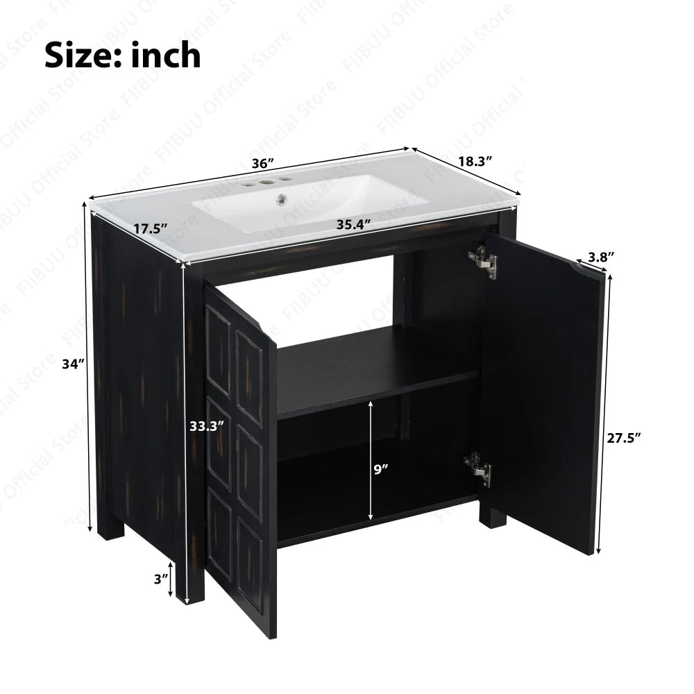 Bathroom vanity cabinet, 36-inch solid wood with white ceramic sink, black finish, two doors, inner shelf, soft-close
