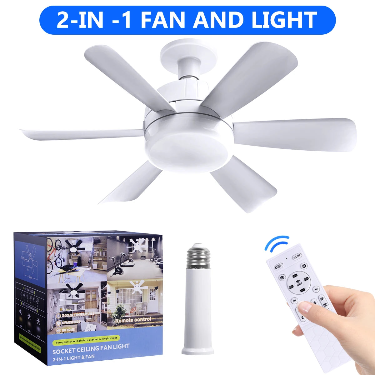 Socket LED Ceiling Fan Light 2-in-1 white by S And B Enterprise with remote, dimmable, 3 color temps