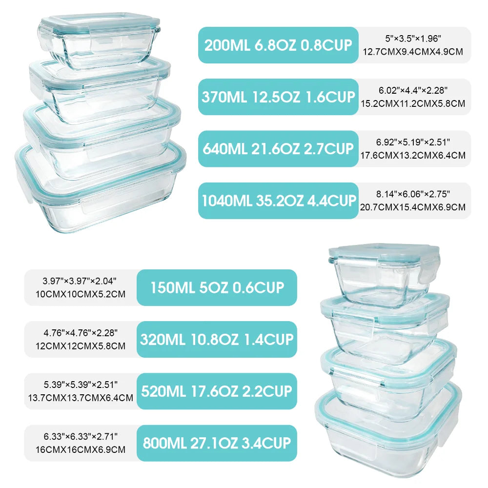 Glass food storage containers set, 24 pieces, clear glass with light blue airtight snap lids; leakproof and microwave safe, S And B Enterprise
