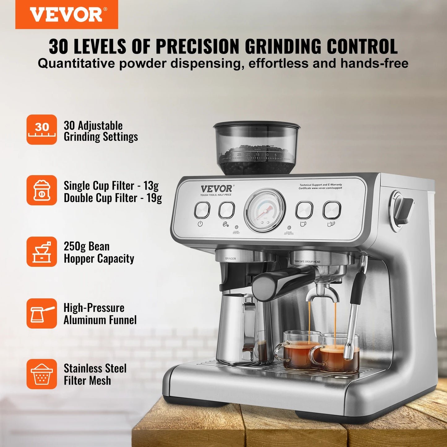 VEVOR Espresso Machine With Grinder 15 Bar Semi Automatic Coffee Maker Frother by S And B Enterprise