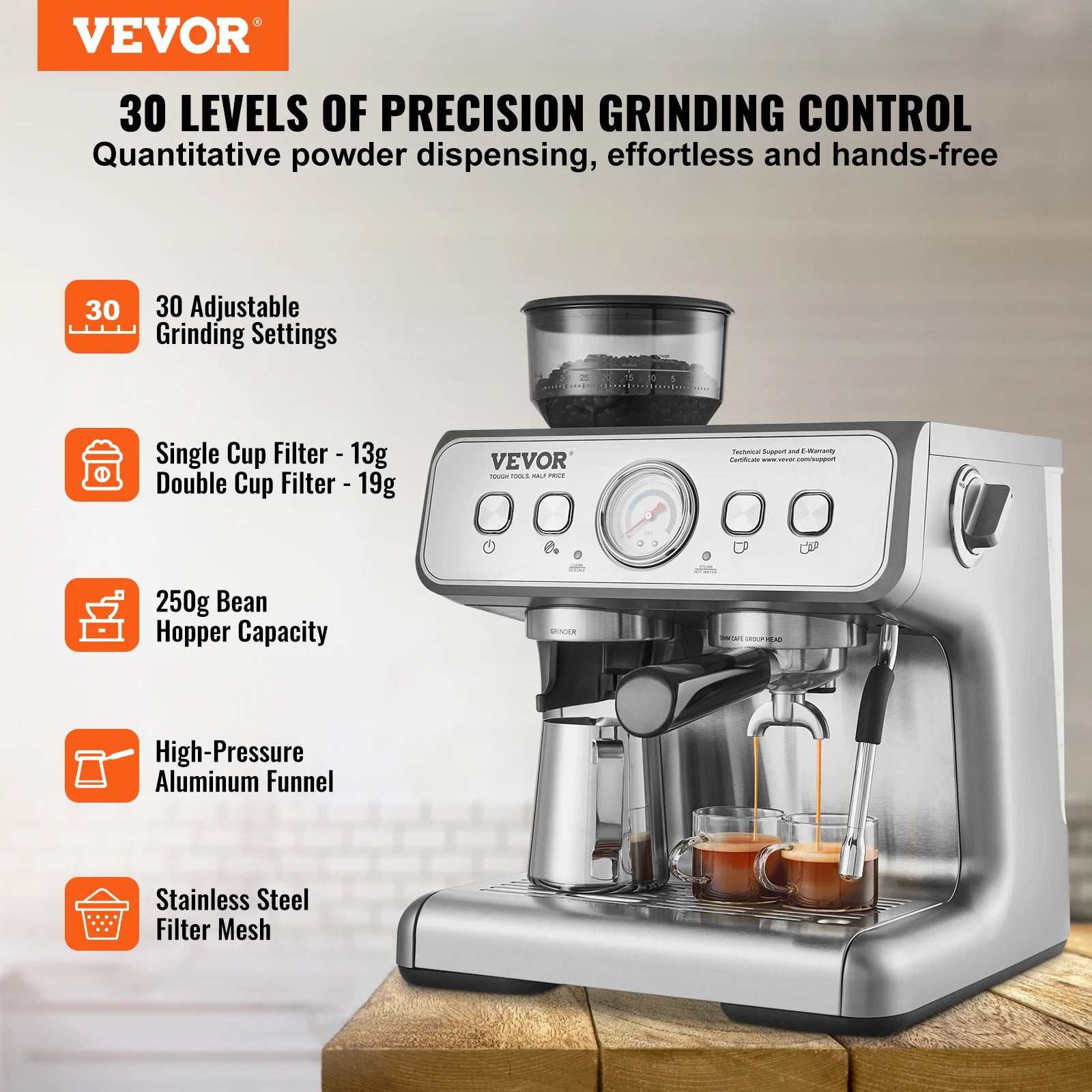 VEVOR Espresso Machine With Grinder 15 Bar Semi Automatic Coffee Maker Frother by S And B Enterprise