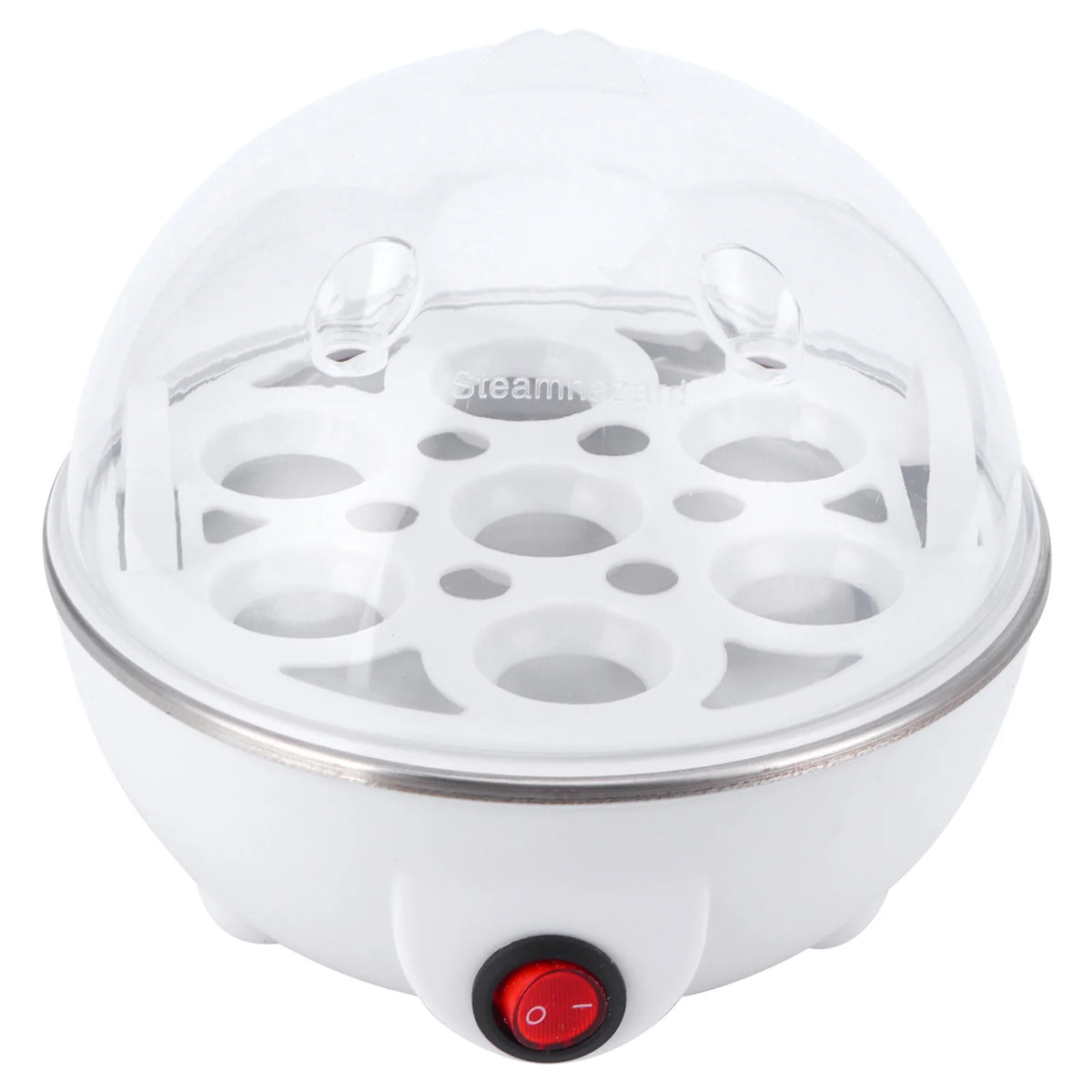 Egg boiler cooker with transparent lid, white body, and red on/off switch.
