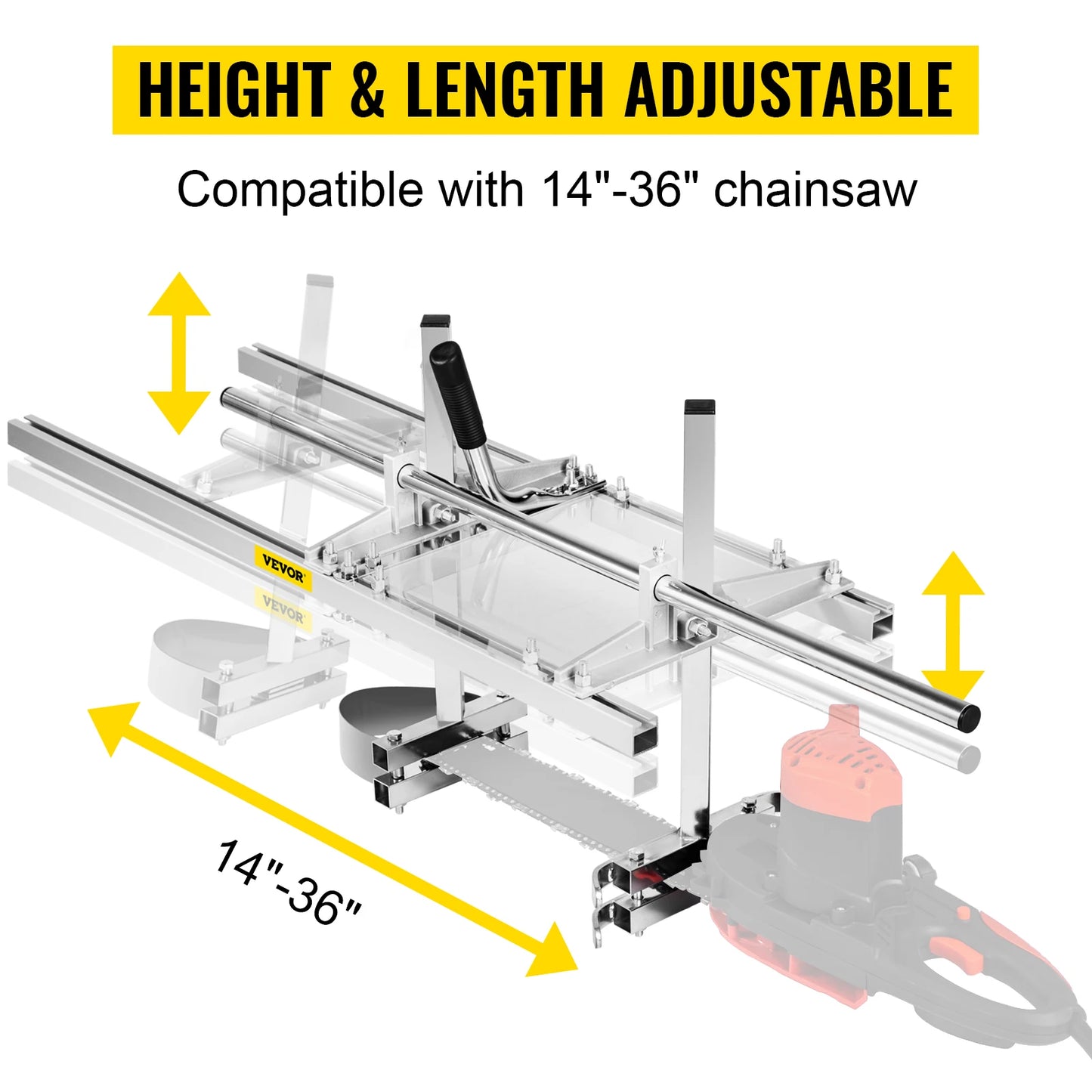 Chainsaw mill attachment with adjustable height and length, aluminum frame, 14–36 in capacity, VEVOR logo