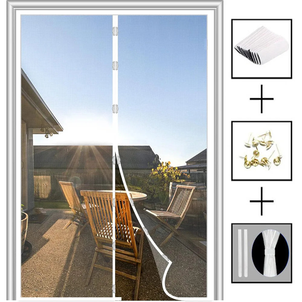 Magnetic door curtain screen by S And B Enterprise; black insect mesh with white magnetic seam, includes 3 accessories.