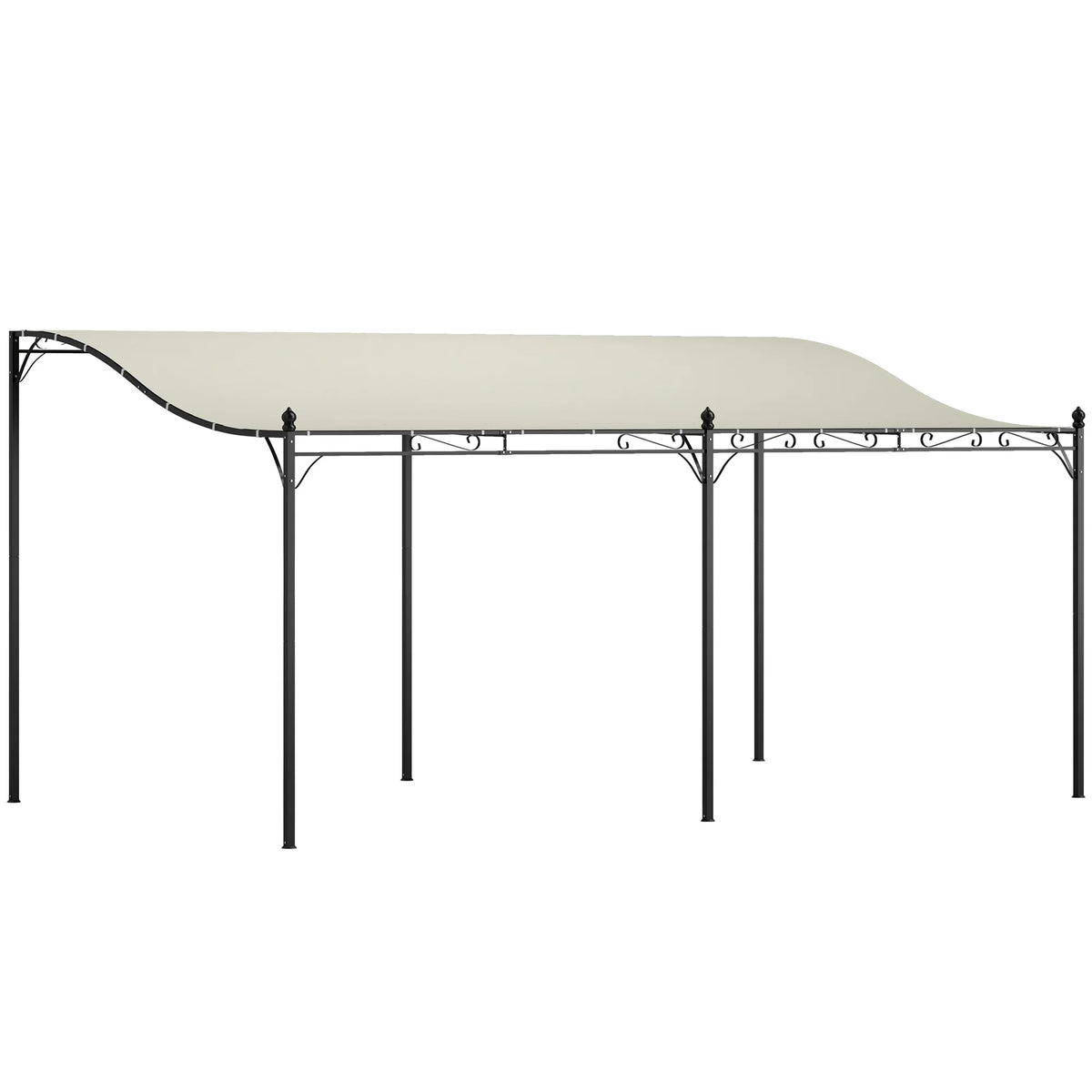 10' x 16' cream outdoor pergola canopy on a black metal frame with decorative scrollwork.