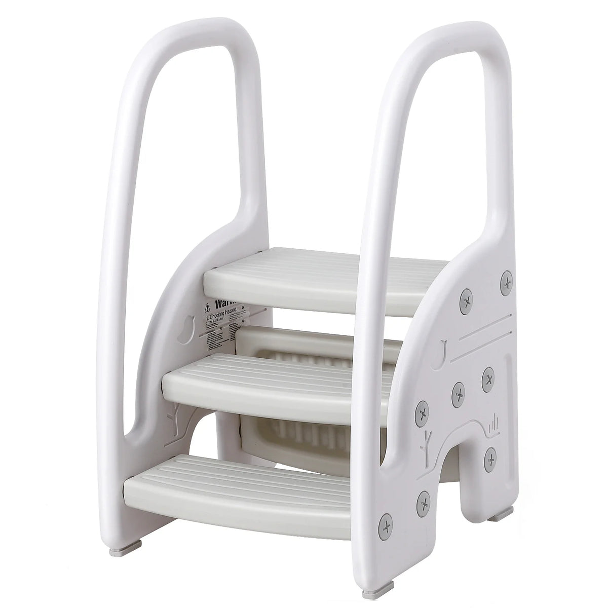 Toddler plastic step stool with side handles, white 3-step design for bathroom sink or kitchen.