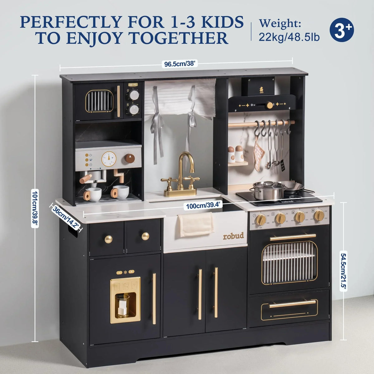 Robotime Robud Play Kitchen wooden toy set with wash basin, microwave, cookware; black and white by S And B Enterprise