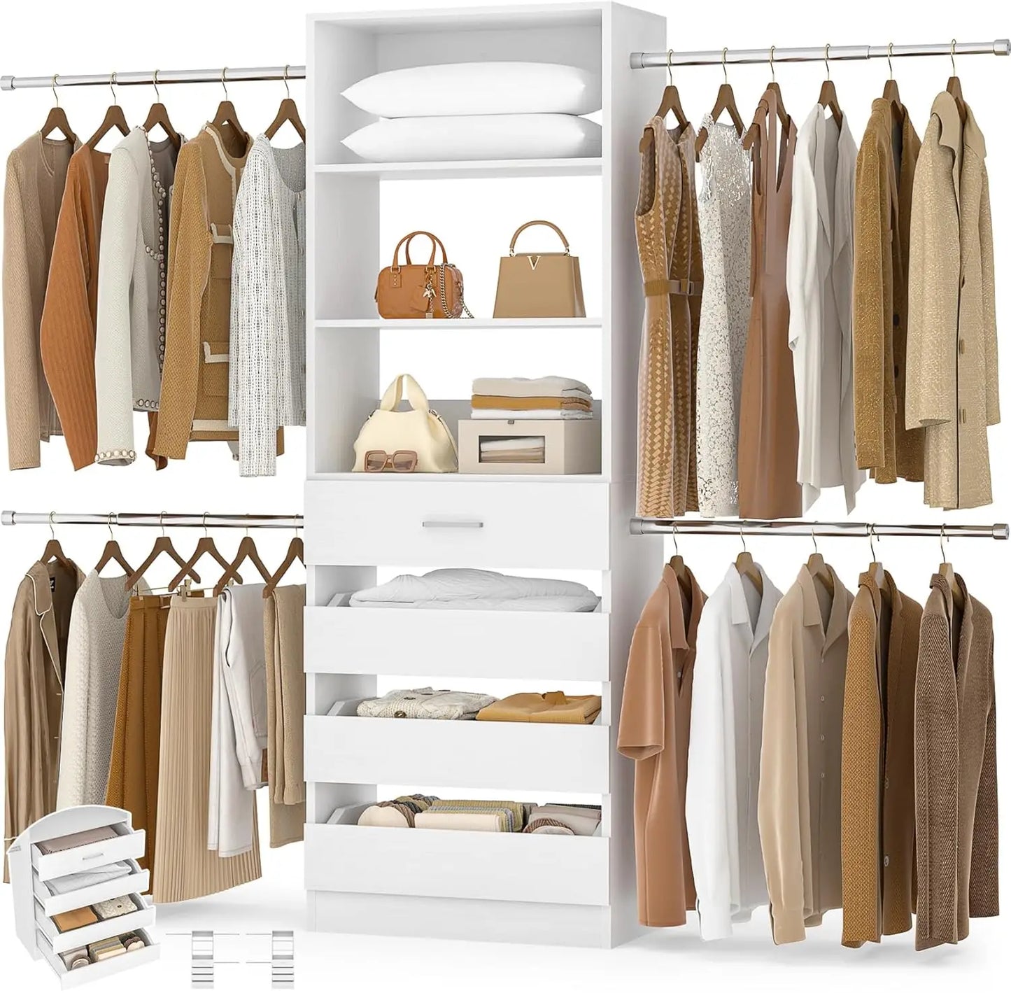 Wooden Closet Organizer System With Drawers And Tower