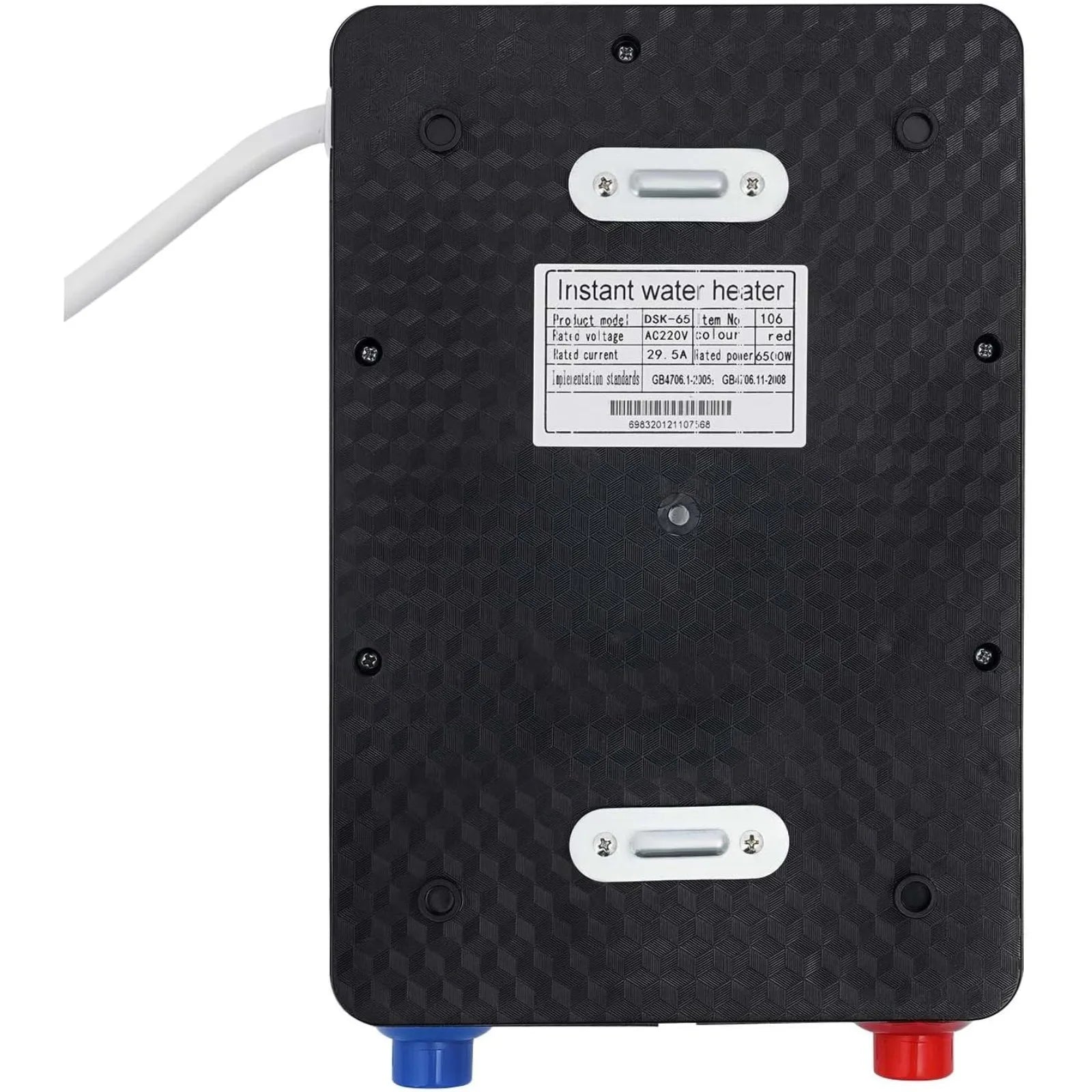 6500W tankless water heater, wall-mounted; black unit with red hot-water and blue cold-water inlet pipes.