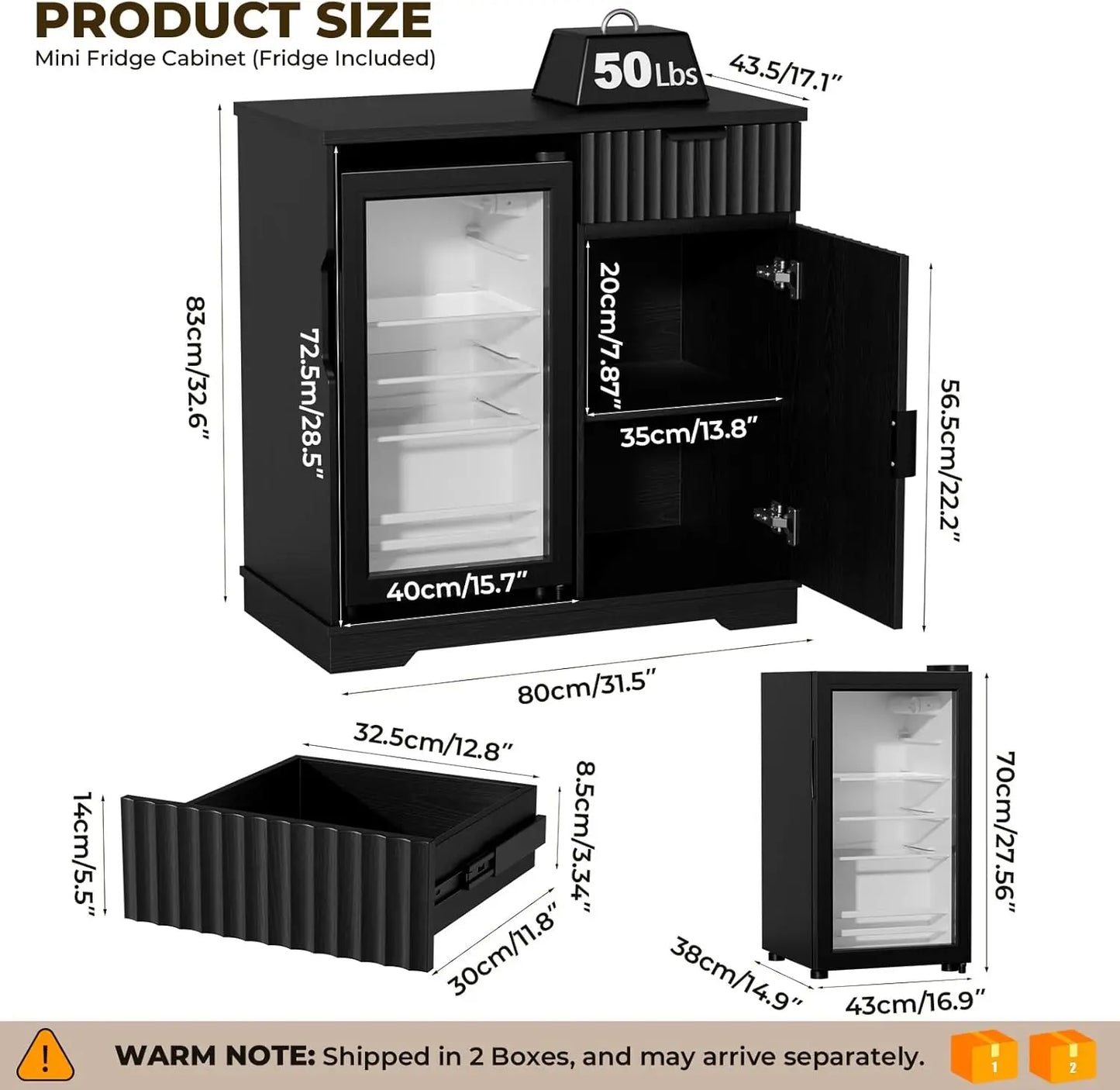 Mini Fridge Cabinet With Refrigerator, Fluted Coffee Bar