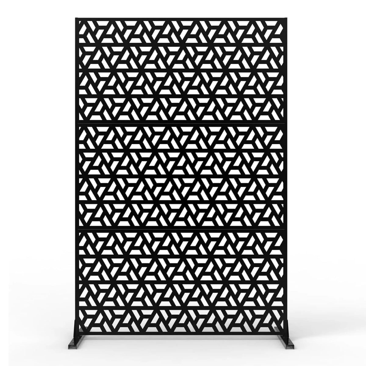 Decorative garden privacy screen with stand, black metal panel with geometric lattice pattern, 120x183 cm
