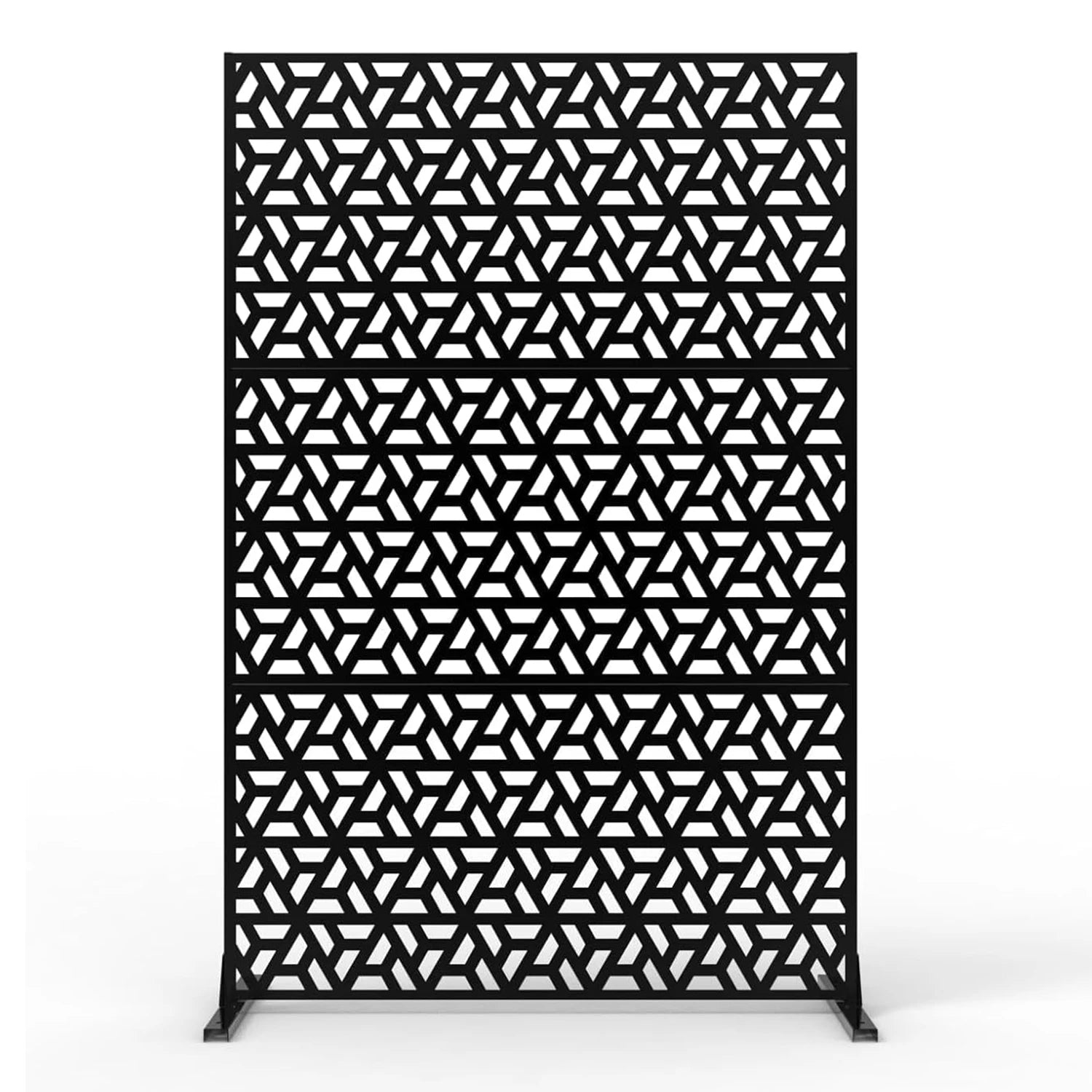 Decorative garden privacy screen with stand, black metal panel with geometric lattice pattern, 120x183 cm