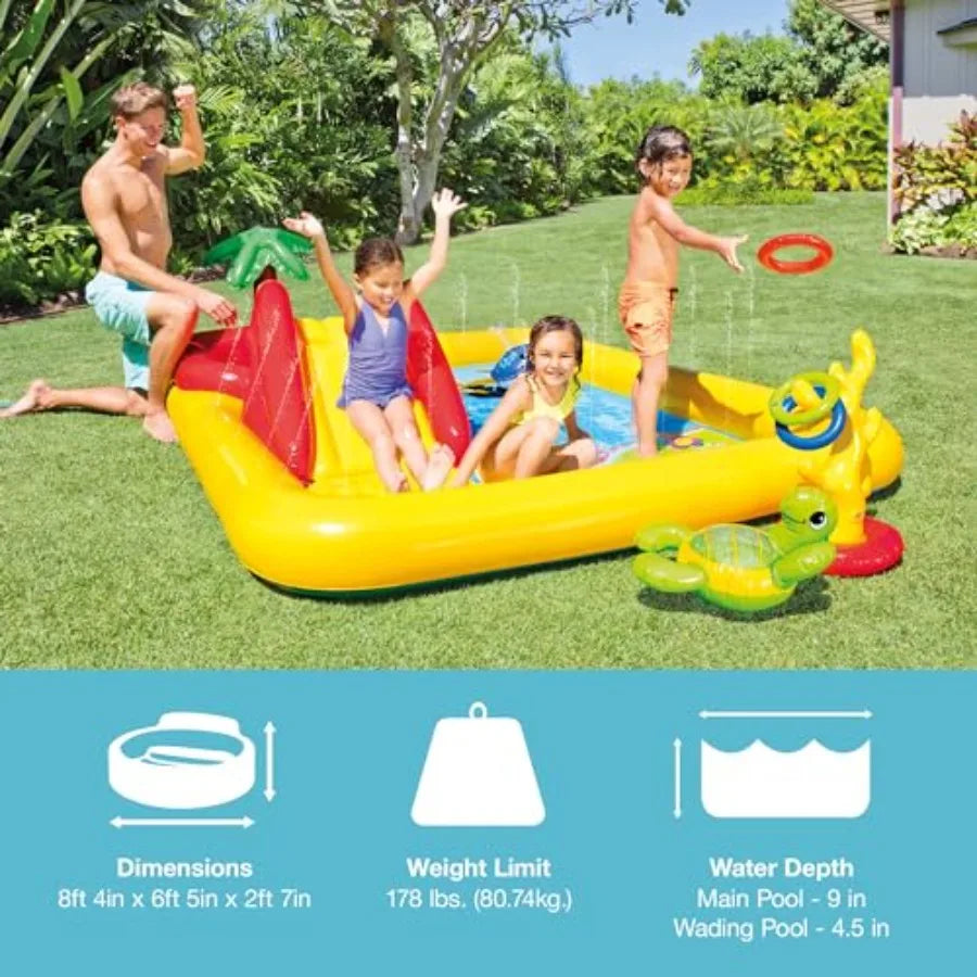Dinoland inflatable backyard toddler pool with slide and water sprayers; bright yellow pool with red slide.
