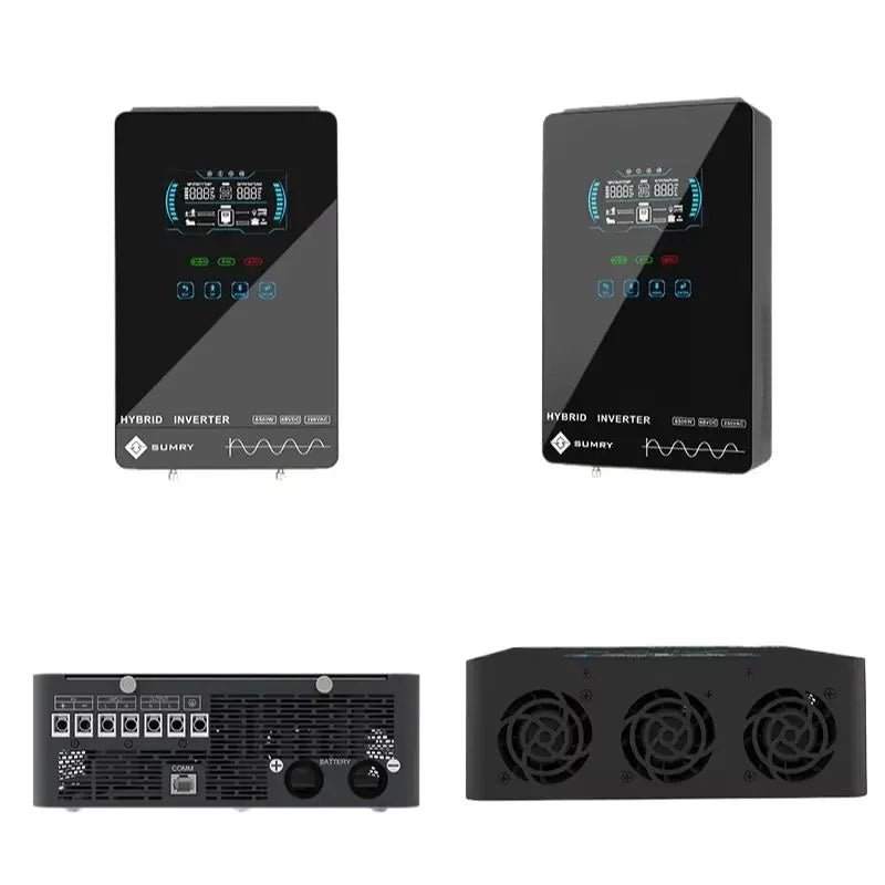 Two SUMRY hybrid solar inverters in glossy black housings with digital displays; rear terminals and three cooling fans.